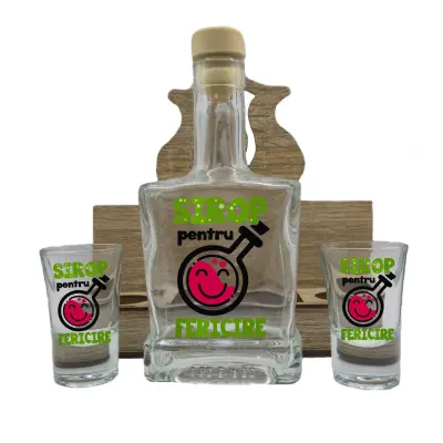 Sirop pentru fericire, suport din lemn cu sticla si 2 pahare, model hgs116